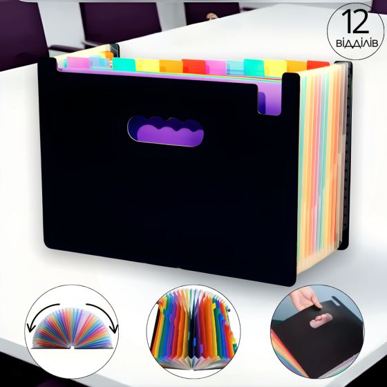 Папка-органайзер для хранения документов и файлов формат А4 на 12 отделений, с цветными вкладками,черная 330x240x20 мм Каменец-Подольский