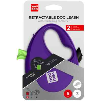 Повідок для собак WAUDOG R-leash з контейнером для пакетів S до 12 кг 3 м фіолетовий (26279) Вінниця