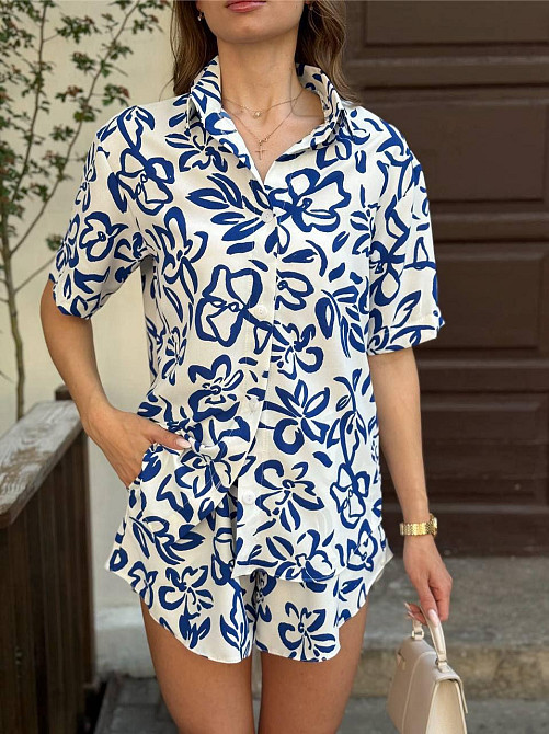 Жіночий легкий принтований костюм-двійка: сорочка та шорти турецька креп-жатка Білий, 48 Одеса - фото 1