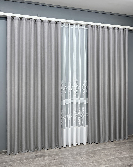 Комплект штор VR-Textil Лен Мешковина 150х270 2шт и Тюль 500х270 867ш-1703т Светло-серый с белым 71-180/4 Киев - изображение 11