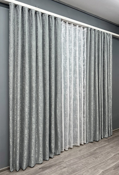 Комплект штор VR-Textil Льон Мармур 100х270 2шт і Тюль 300х270 1911ш-1400т Світло-сірий з білим 71-139/1 Київ - фото 3