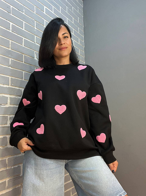 Свитшот женский W 2975 оверсайз с объемными сердцами, черный, one size Киев - изображение 9