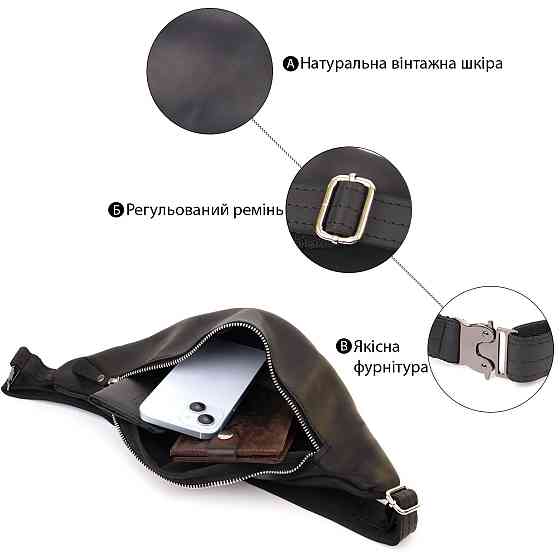 Надежная сумка бананка для мужчин из винтажной натуральной кожи Shvigel 23138 Черный Киев