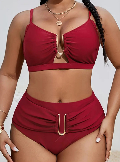 Купальник с парео с высокой талией женский бордовый 4XL Киев - изображение 2