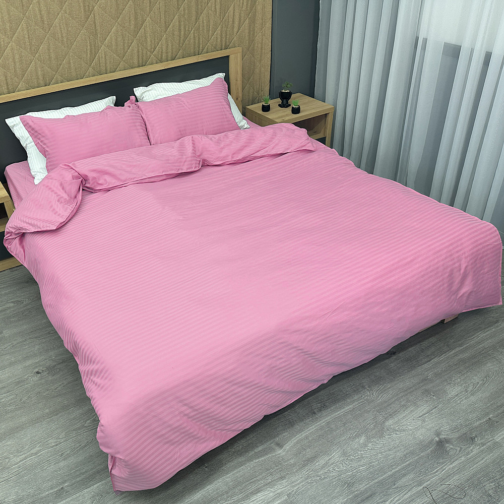 Комплект постельного белья Страйп-сатин Двуспальный 180х220 с простыней на резинке Розовый (88-179) Киев - изображение 2