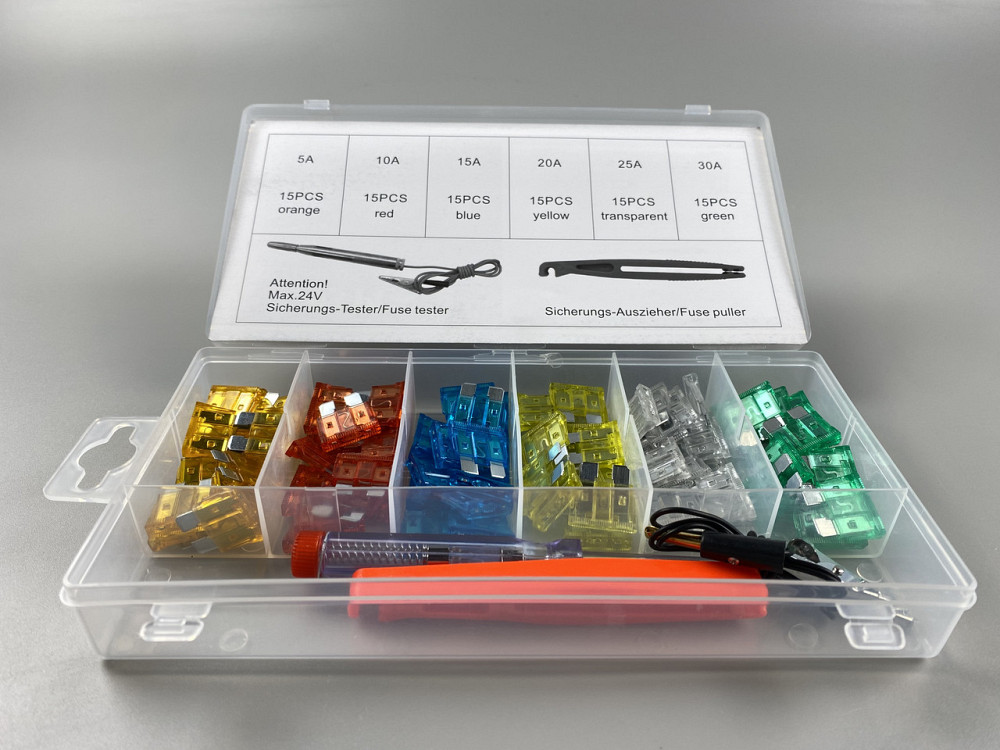 Набор предохранителей 93 шт  (5А, 10А, 15А, 20А, 25А, 30А) захват + тестер 6-24В пластиковый бокс Мукачево - изображение 1