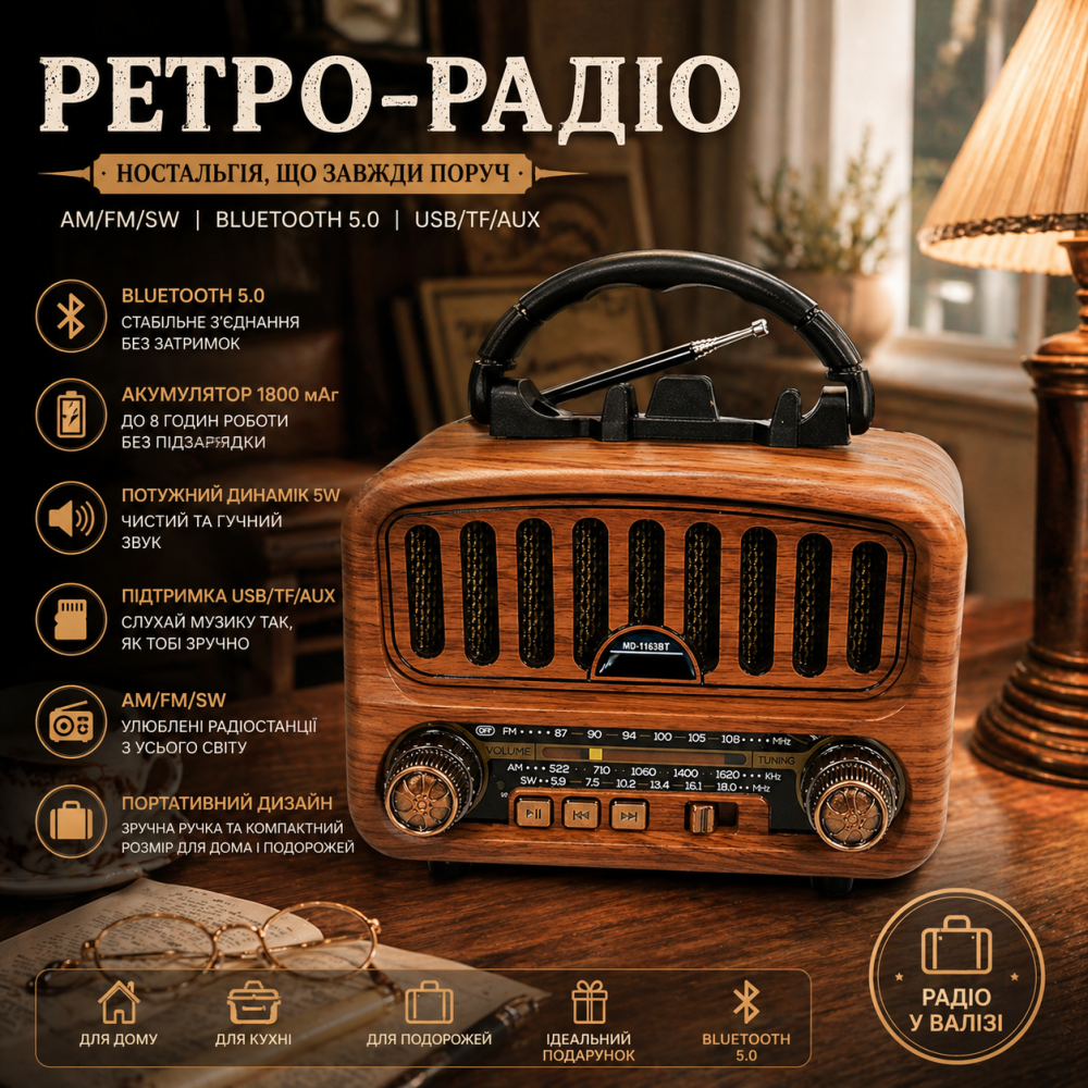 Ретро-радіо Pilanmall AM/FM/SW з Bluetooth 5.0 — Портативна акустика, Акумулятор 1800 мАг, Solar, USB, TF, AUX Київ - фото 1