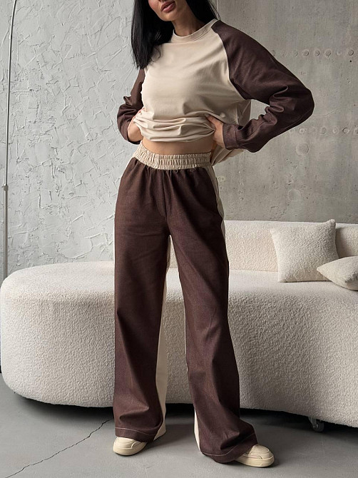 Жіночий ефектний комбінований костюм-двійка: кофта та штани джинс-котон + турецька двонитка Шоколадний, 46/48 Одеса - фото 9