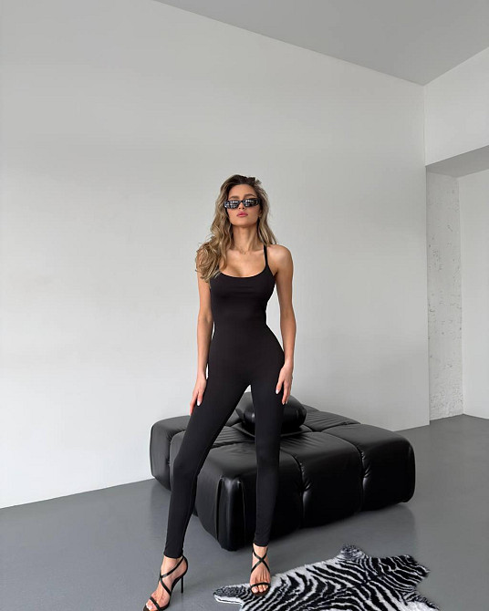 Жіночий комбінезон на бретелях турецький мікродайвінг Чорний, 44/46 Одеса - фото 1