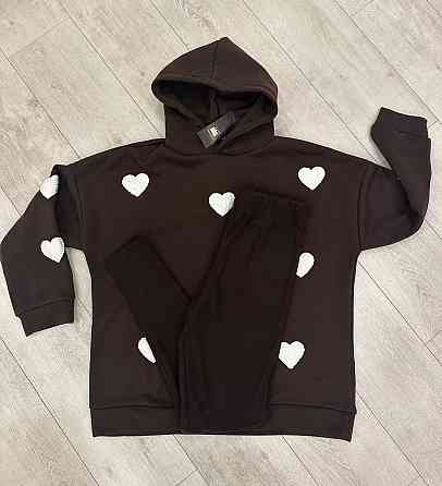 Жіночий теплий прогулянковий костюм двійка з сердечками трьохнитка на флісі + ангора рубчик. Шоколад, 46/48 Одеса