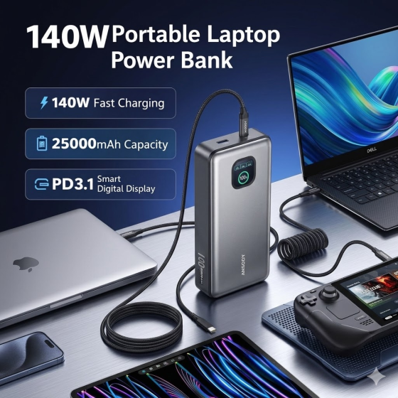 Power Bank Ansody 140W 25000mAh PD 3.1: Швидка зарядка для MacBook, iPhone 16/17 та Steam Deck, Smart-дисплей, Сріблястий Уцінка Київ