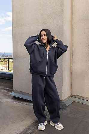 Жіночий теплий костюм двойка вільного крою на кожен день турецька тринитка на флісі Графіт Одеса