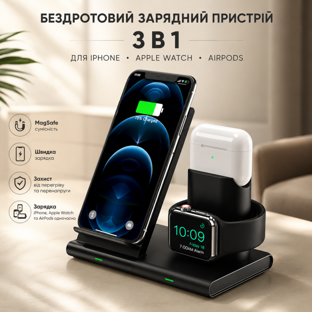 Бездротовий зарядний пристрій Seneo PA191 3 в 1 для iPhone 14/13/12/11/Pro, Apple Watch, AirPods, MagSafe, Чорний Київ - фото 9
