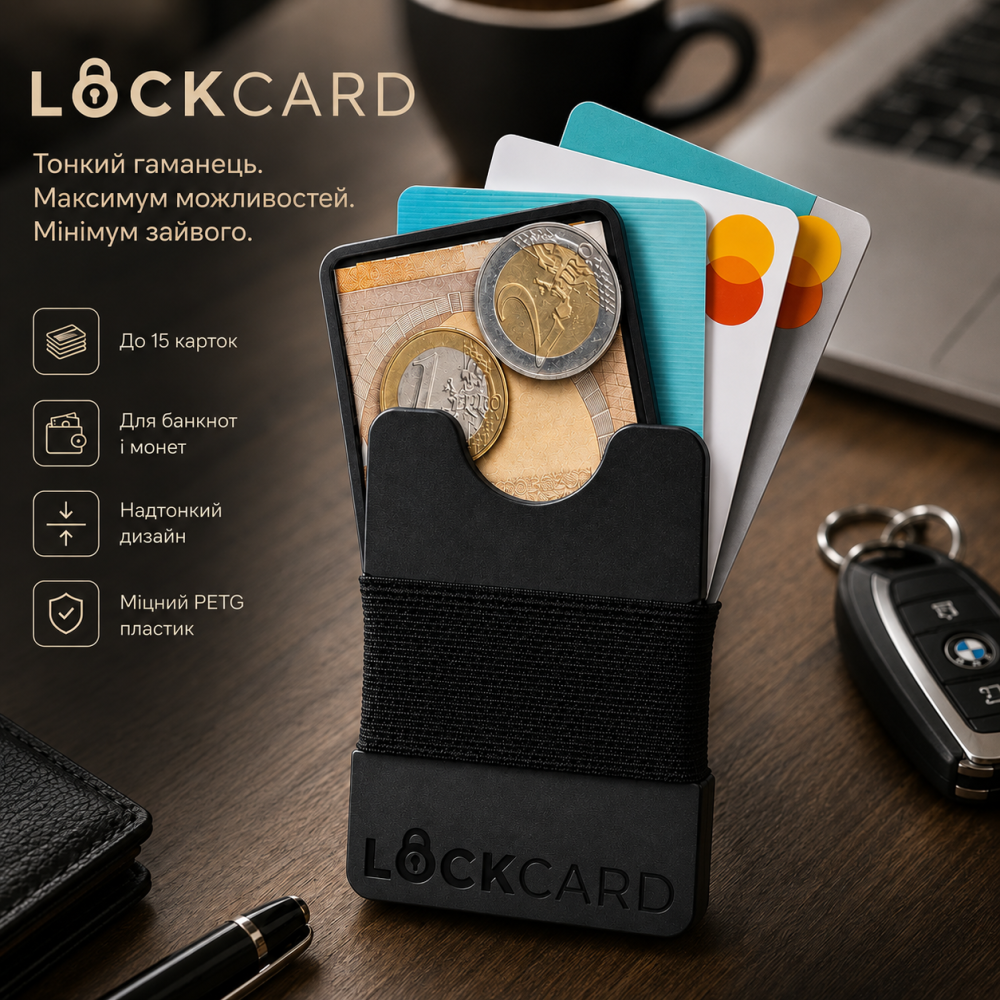 Тонкий кошелек LOCKCARD черный, минималистичный кардхолдер на 15 карт, компактный кошелек для карт, купюр и монет, PETG Киев - изображение 10
