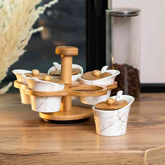 Набір для сипучих продуктів 5 банок по 120 на бамбуковій підставці білий HP1225 Коломия