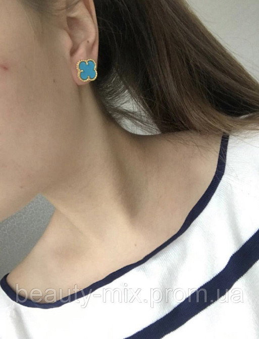 Серьги клевер гвоздики голубые в лимонном золоте / Сережки Vancleef Ванклиф один цветочек под бирюзу Одесса - изображение 3