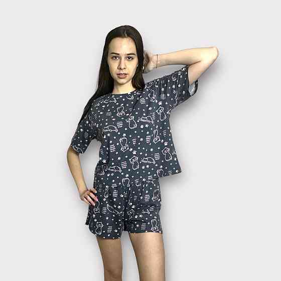 Пижама женская с шортами хлопок Розовый котики Cерая S/M Харьков