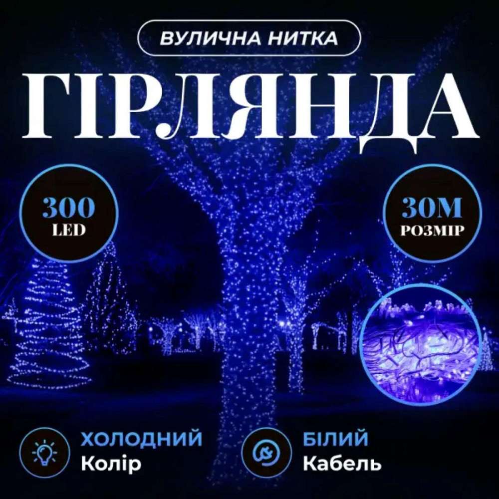 Гірлянда Нитка 30 м, 300 LED, білий провід, синя Київ - фото 7