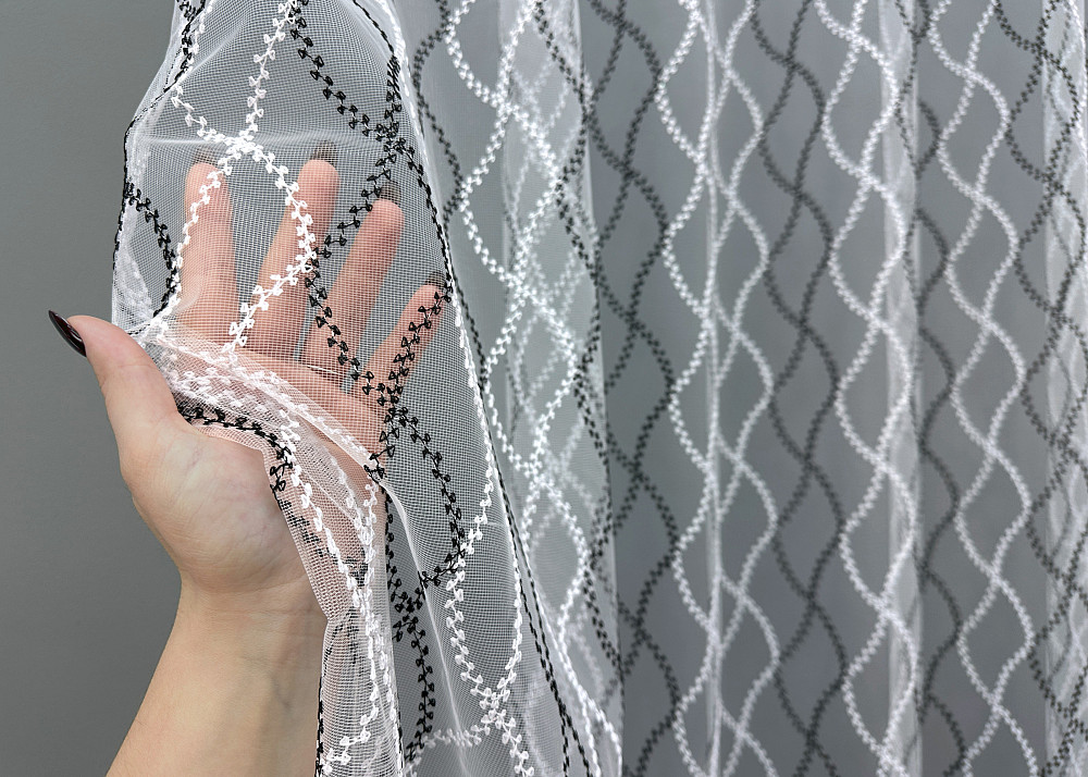 Тюль VR-Textil 1839т Фатин с вышивкой Белый с черным 300х270 см (40-194) Киев - изображение 4