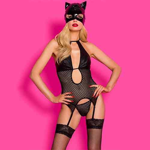 Костюм Кошечки Sunspice боді, стрінги, панчохи, маска, чорний, L/XL Sex Aura Київ