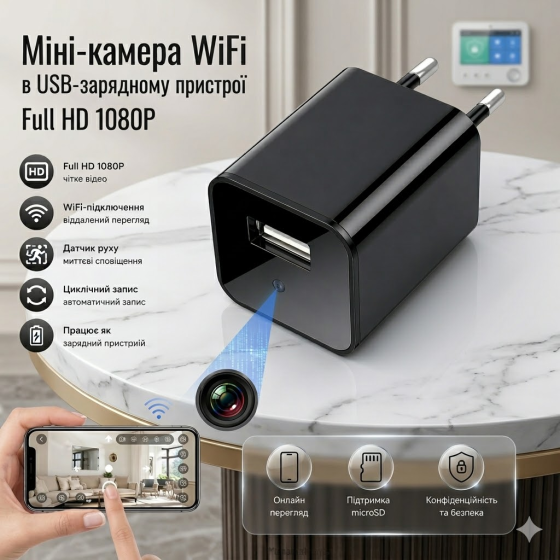 Мини-камера WiFi в USB-зарядном устройстве Full HD 1080P: беспроводная скрытая камера с датчиком движения и онлайн-просмотром Киев