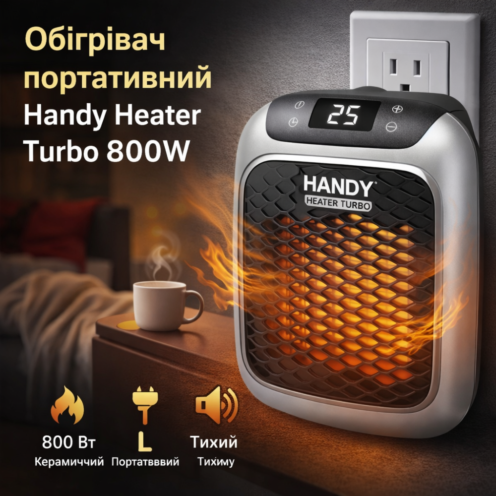 Портативний обігрівач Handy Heater Turbo 800 Вт, керамічний тепловентилятор у розетку, термостат, таймер, дисплей, до 20 м² Київ - фото 1