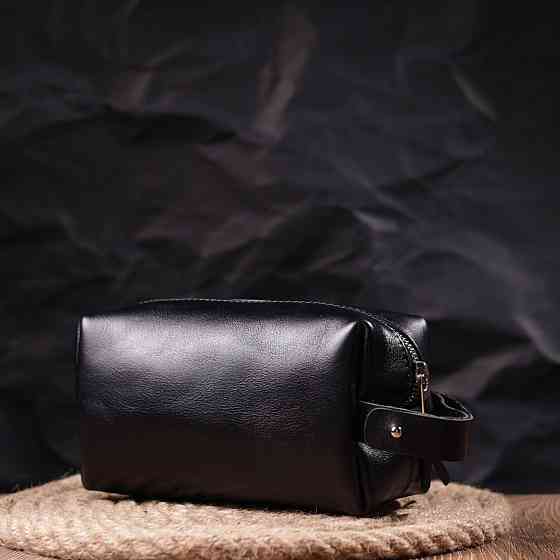 Косметичка середнього розміру з гладкої шкіри на блискавці Чорна (GRANDE PELLE) Київ