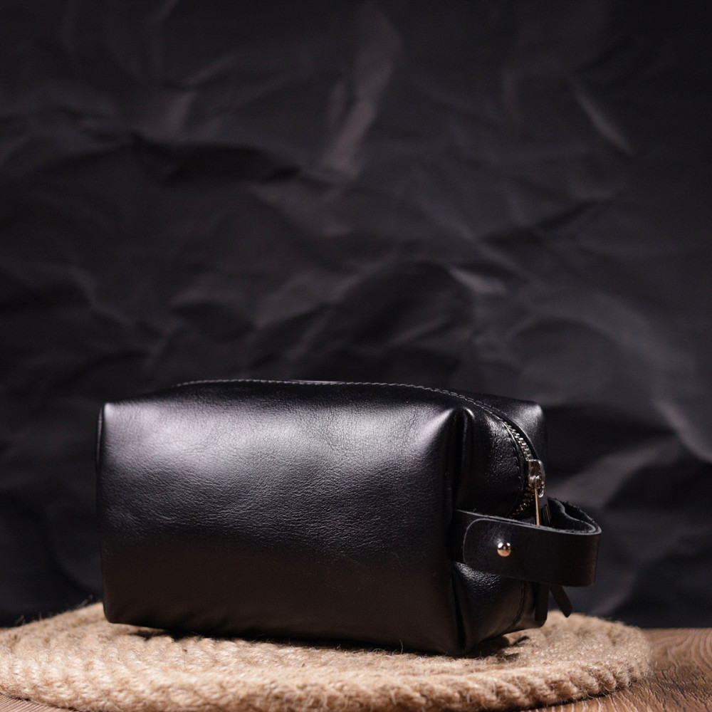 Косметичка среднего размера из гладкой кожи на молнии Черная (GRANDE PELLE) Киев - изображение 3