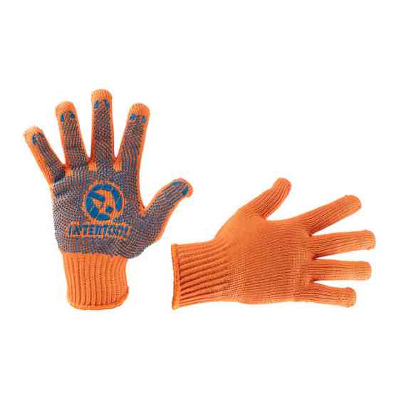 Рукавичка трикотажна з платіровкою, сині ПВХ крапки, 60% бавовна / 40% поліестер, 10