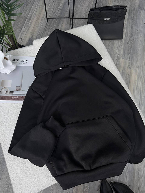 Женская стильная оверсайз худи тринитка на флисе. Черный Одесса - изображение 3