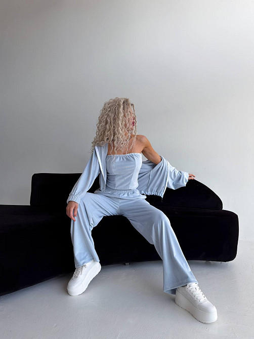 Женский велюровый костюм тройка: кофта корсет и штаны Голубой, 42/46 Одесса - изображение 10