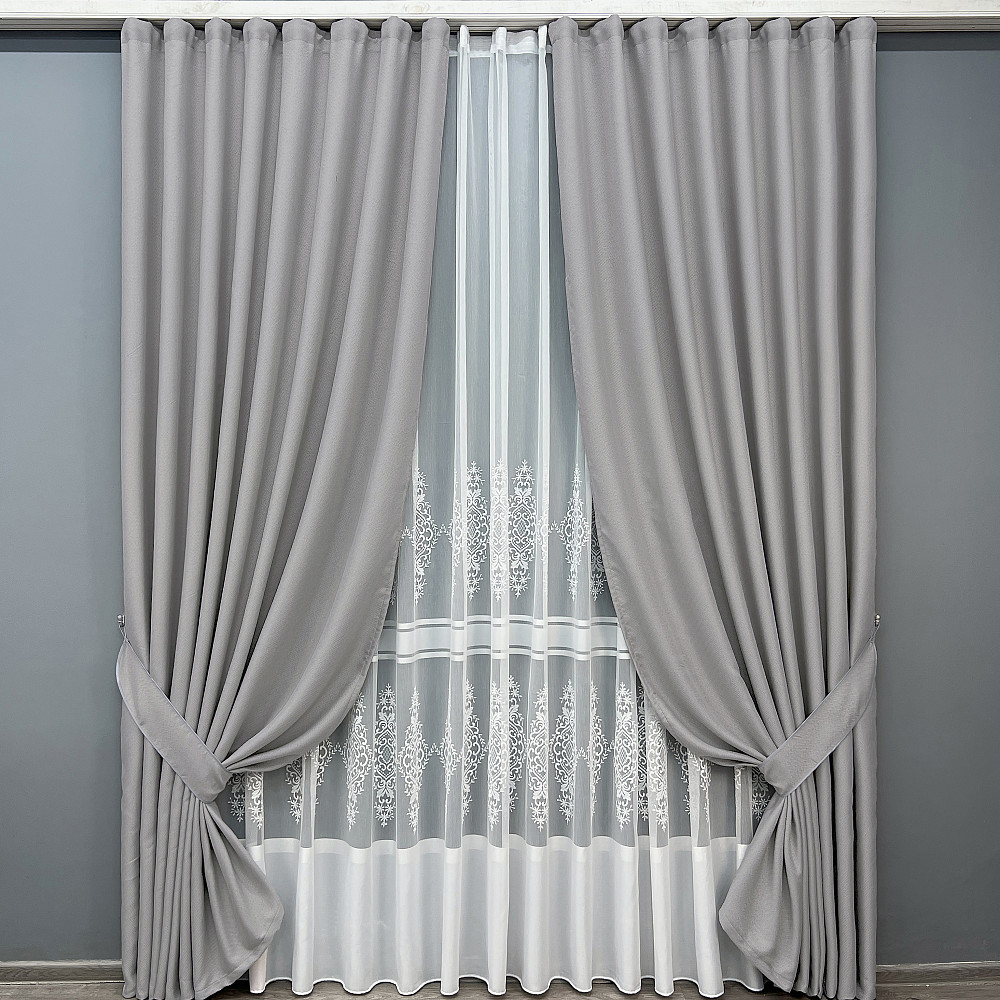 Комплект штор VR-Textil Льон Мішковина 200х270 2шт і Тюль 600х270 867ш-1703т Світло-сірий з білим 71-180/7 Київ - фото 9
