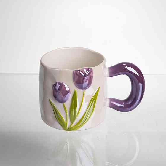 Новорічна порцелянова чашка для чаю та кави "Ніжний Тюльпан" з 3D-декором 400 мл, святкова кружка чашка на подарунок Фіолетовий FM-40C Коломия