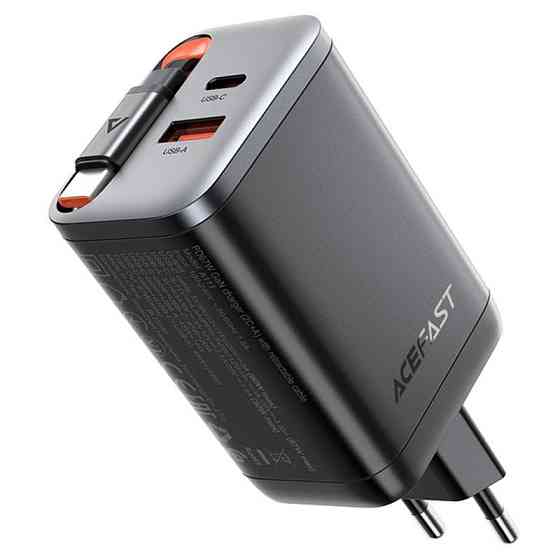 Мережевий зарядний пристрій ACEFAST A111 PD67W GaN charger(2*USB-C+USB-A) with retractable cable Black Одеса