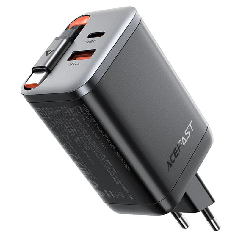 Мережевий зарядний пристрій ACEFAST A111 PD67W GaN charger(2*USB-C+USB-A) with retractable cable Black Одеса - фото 5