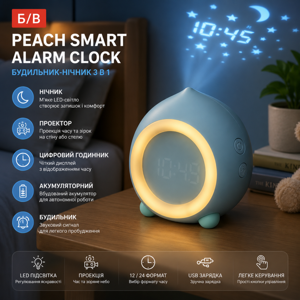 Б/в Будильник-нічник Peach Smart Alarm Clock з LED-підсвіткою, проєктором, цифровим годинником, акумуляторний, дитячий Київ - фото 8