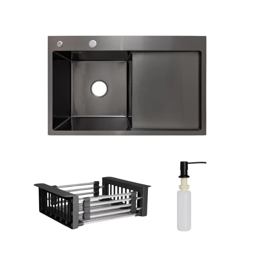 Комплект Lidz Handmade H7849BR Мийка для кухні інтегрована крило праворуч BlackPVD у комплекті з дозатором + Lidz K01B Кошик Київ - фото 1