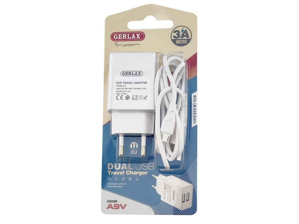 Мережевий зарядний пристрій microUSB A9V 3A-2USB 15w біле 1м блістер ТМ Gerlax Київ - фото 1