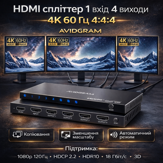 HDMI сплиттер 1x4 AVIDGRAM 4K 60Hz 4:4:4 HDR10|  разветвитель HDMI на 4 экрана, EDID, 18 Гбит/с, HDCP 2.2 Киев