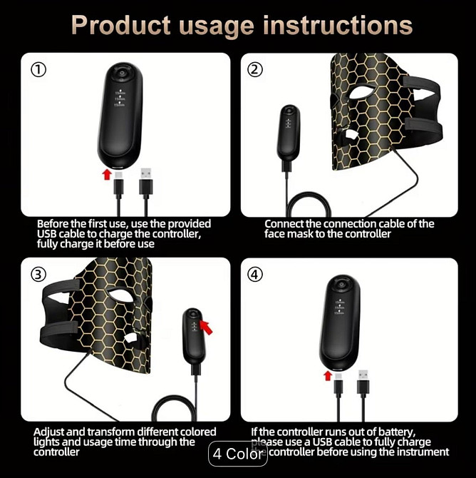 Маска для обличчя RD-65041 USB (7 режимів) терапія червоним світлом для омолодження та проти зморщок Чорний Київ - фото 8