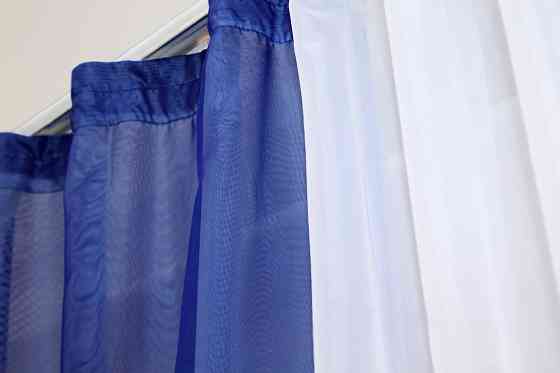 Кухонний комплект VR-Textil № 051к тюль і шторки з підв'язками синій з білим 270х170 см (50-113) Київ