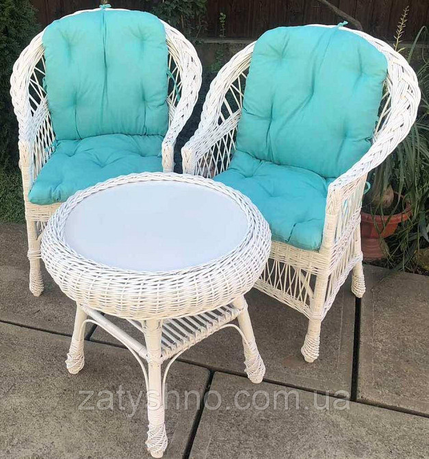 Белая плетеная мебель с накидками голубым|Мебель из лозы белая |мебель плетеная на балкон Киев - изображение 7
