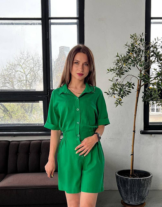 Легкий женский базовый комбинезон лен. Зелёный, 42 Одесса - изображение 3