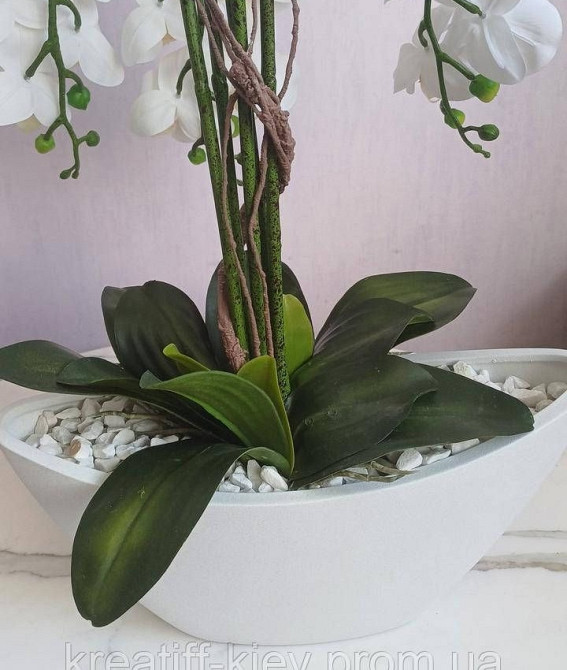 Штучна латексна орхідея преміум у білому керамічному кашпо на п'ять гілок біла Дніпро - фото 5