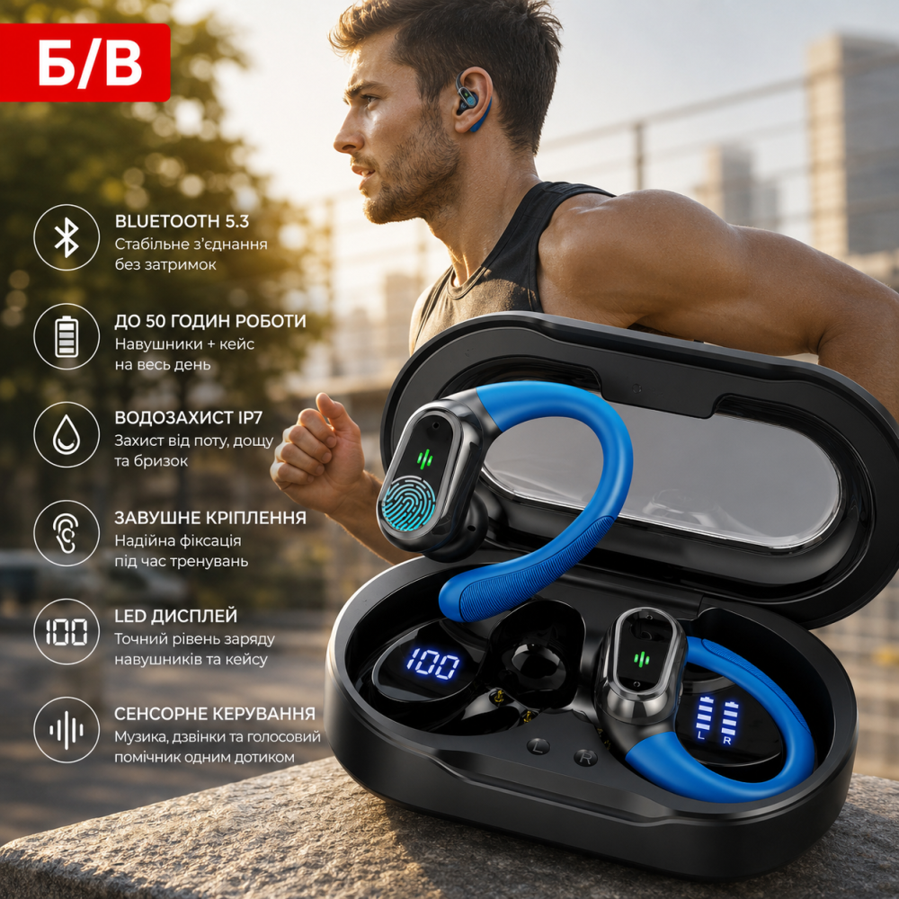 Б/В Бездротові навушники Kuizil Q76 Bluetooth 5.3 TWS, 50 годин автономності, IP7, LED-дисплей, спортивні, чорні Київ - фото 9