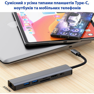 Концентратор Dynamode 7-in-1 USB-C to HDTV 4K/30Hz, 2хUSB3.0, RJ45, USB-C PD 100W, SD/MicroSD (BYL-2303) Вінниця - фото 2