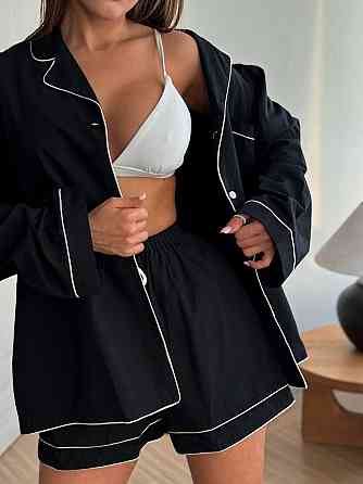 Жіночий літній костюм-двійка: сорочка та шорти в піжамному стилі натуральний льон Чорний Одеса