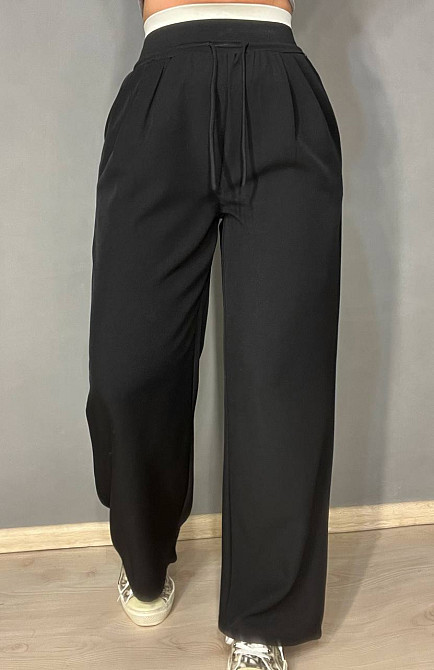 Брюки женские A-N 25110 палаццо широкие высокая талия на резинке со шнурком черные, черный, M Киев - изображение 16