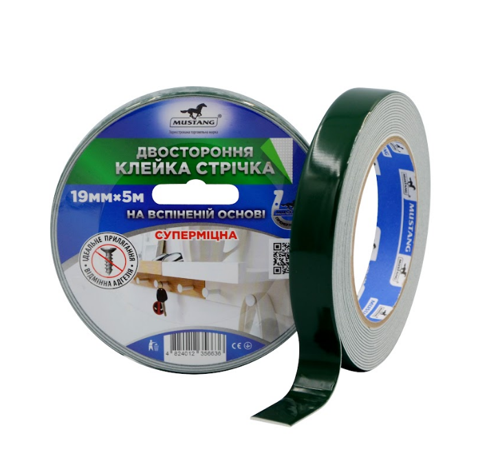 Стрічка двостороння спінена 19мм*5м 110мкм Standart Мустанг Житомир - фото 1