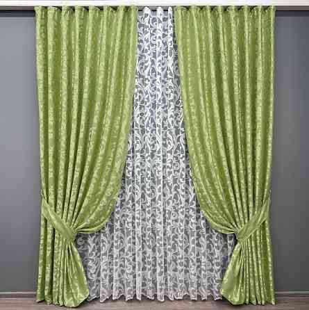 Комплект штор VR-Textil Жакард Вензель 200х270 2шт і Тюль 500х270 297ш-1147т Салатовий з білим 71-095/6 Київ